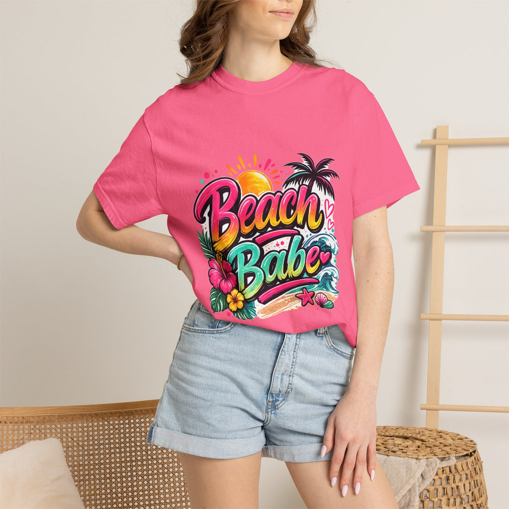 Beach Babe T-shirt | Tropical Palm Hibiscus Sunset Design