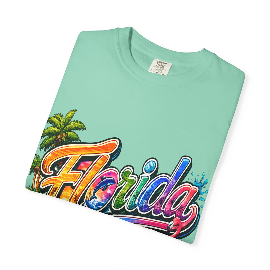 Florida Retro Palm Beach Sunset T-Shirt | Flamingo Hibiscus