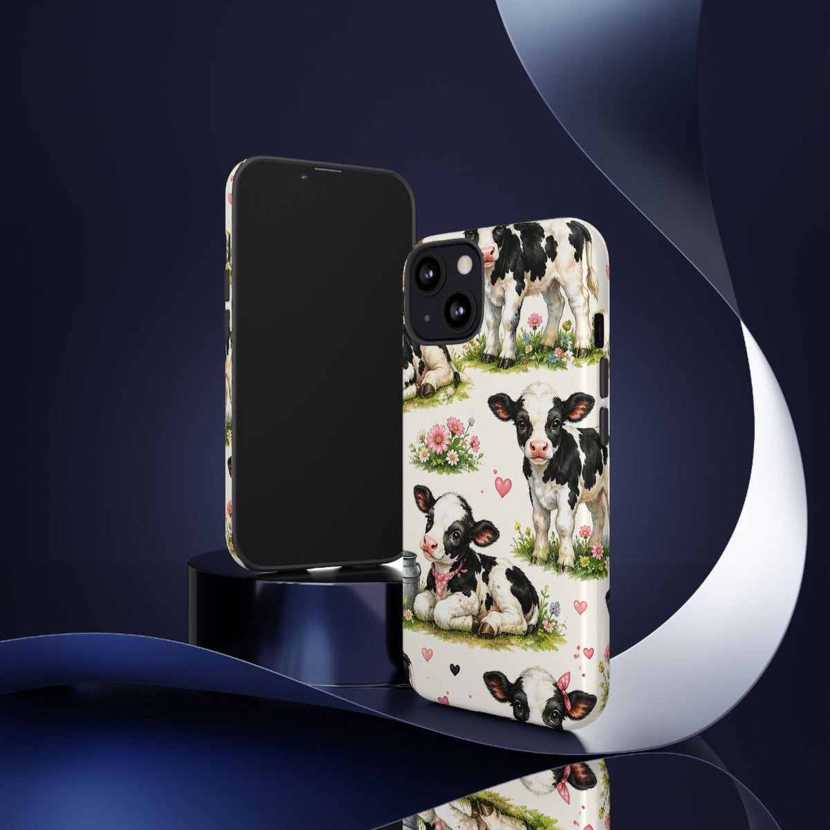 Cute Calf Pattern Phone Case – Pastel Cow Hearts & Flowers Protective Cover