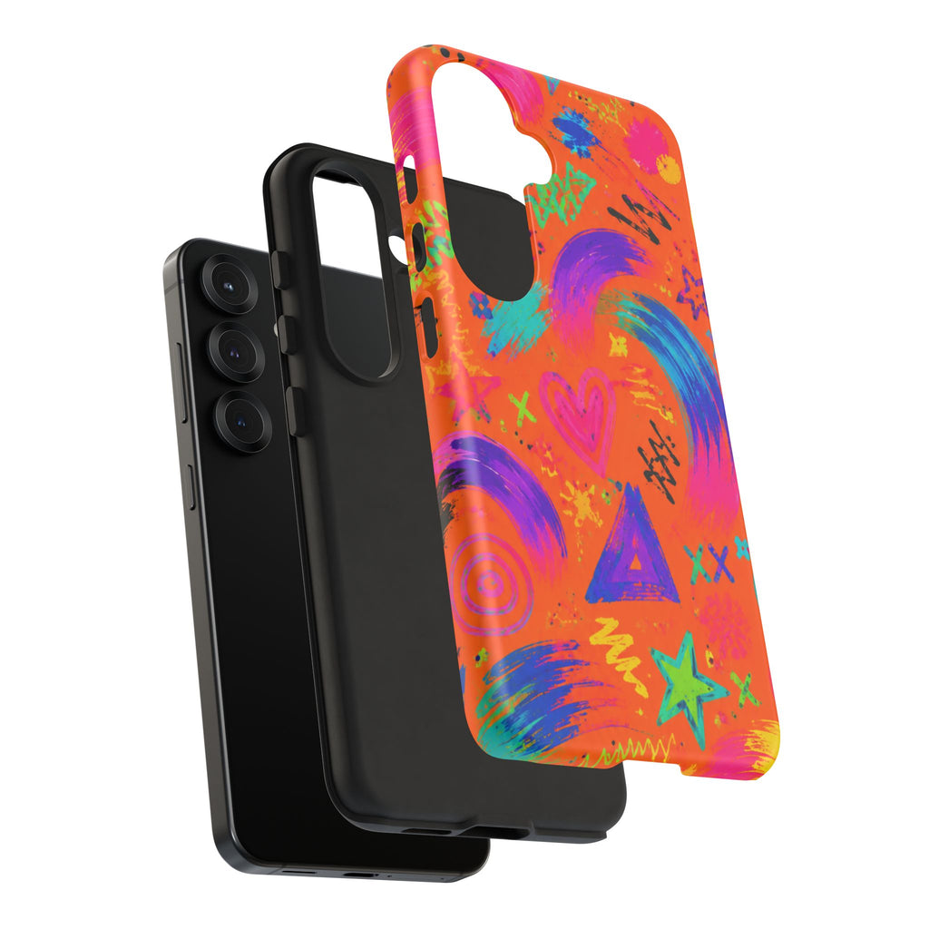Colorful Neon Doodle Phone Case — Bright Abstract Stars & Hearts Tough Case