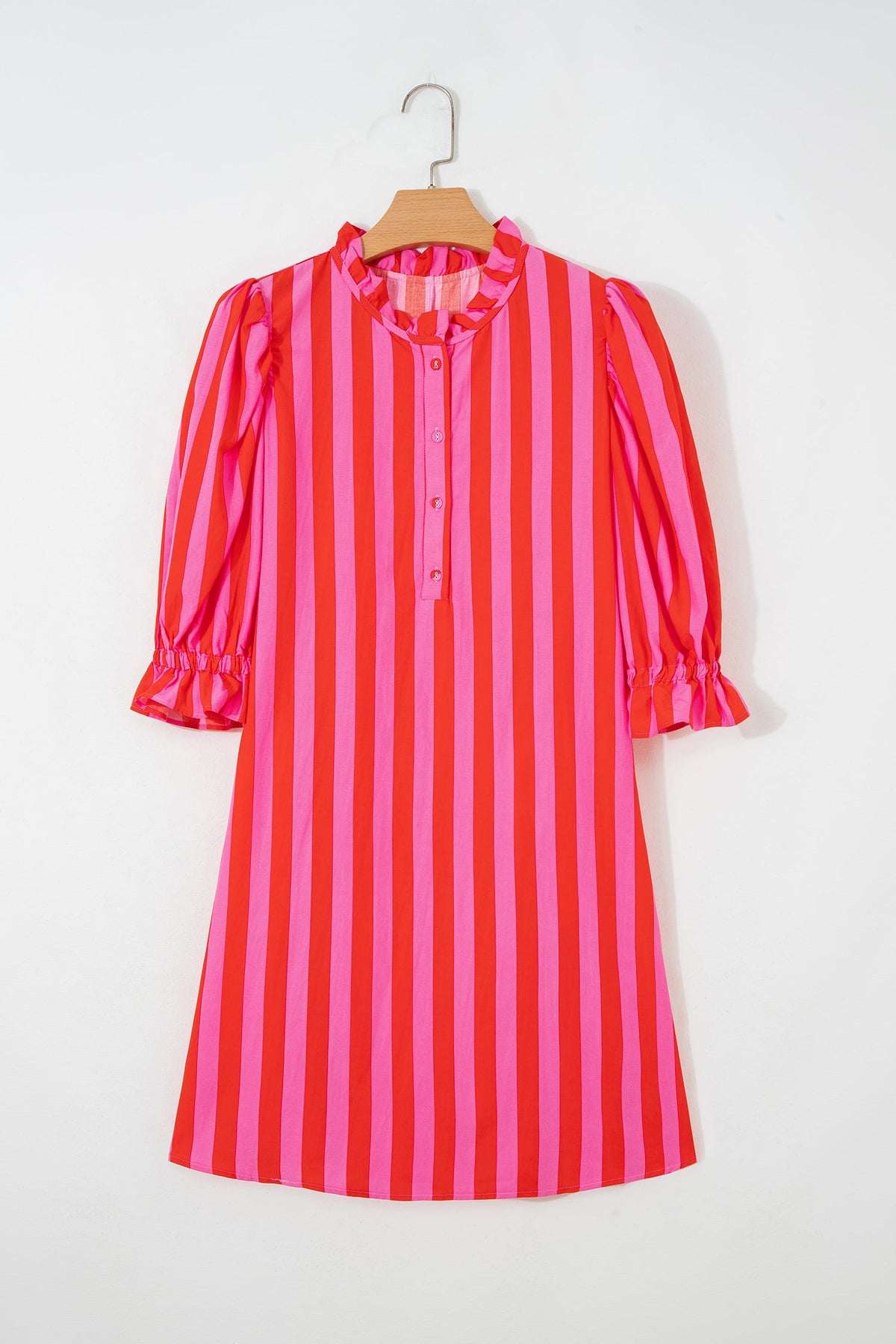 Stripe Half-Button Puff Sleeve Mini Dress
