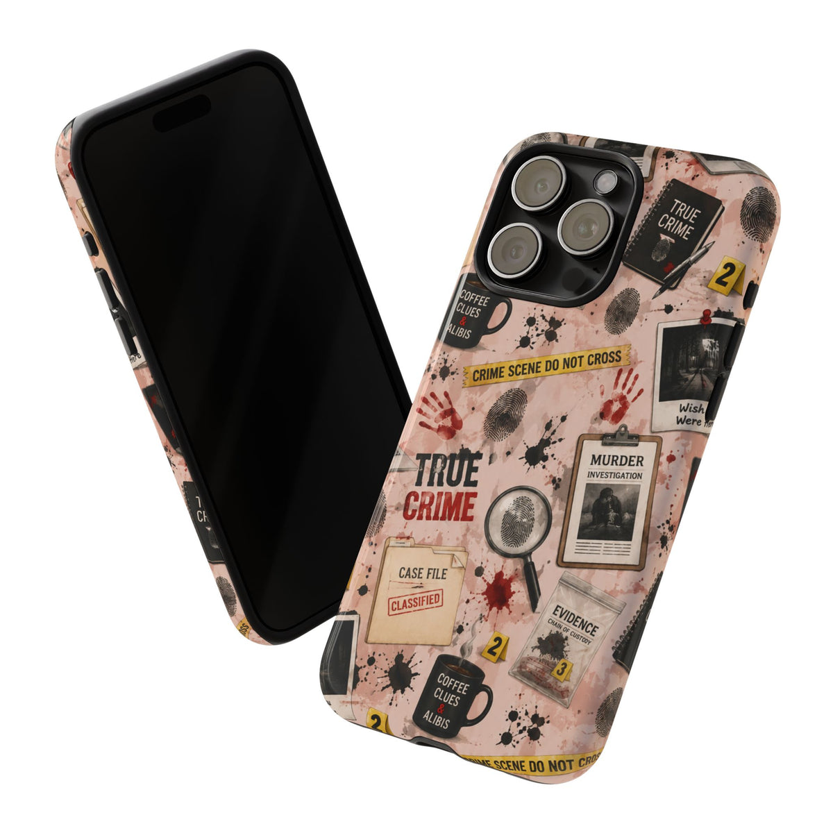 True Crime Pattern Phone Case – Detective Evidence, Crime Scene Tape & 'True Crime' Design