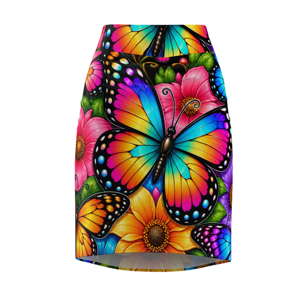 Vibrant Butterfly Floral Pencil Skirt — Colorful All-Over Print