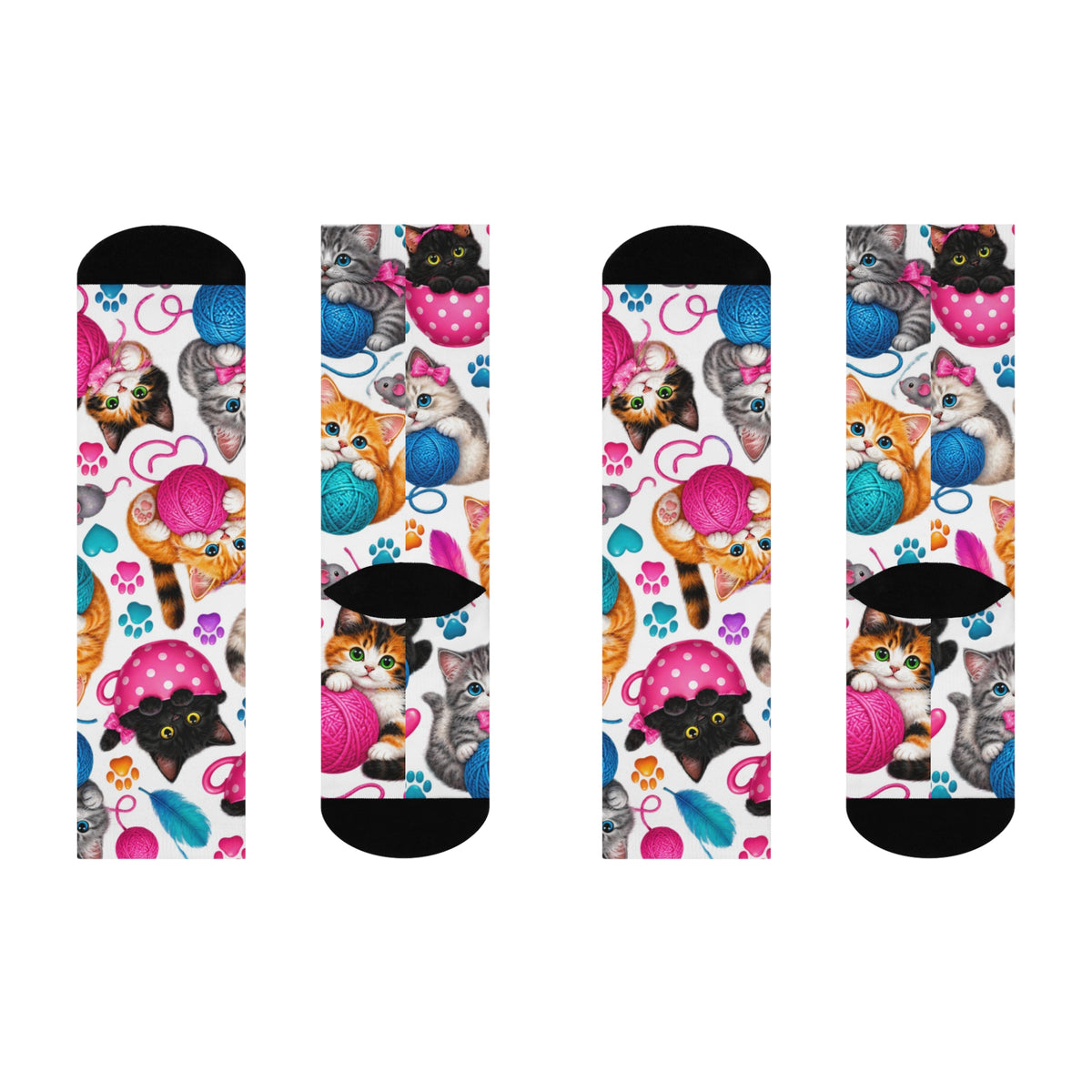 Kittens with Yarn Crew Socks | Cat Paw Pattern, Playful Cat Design