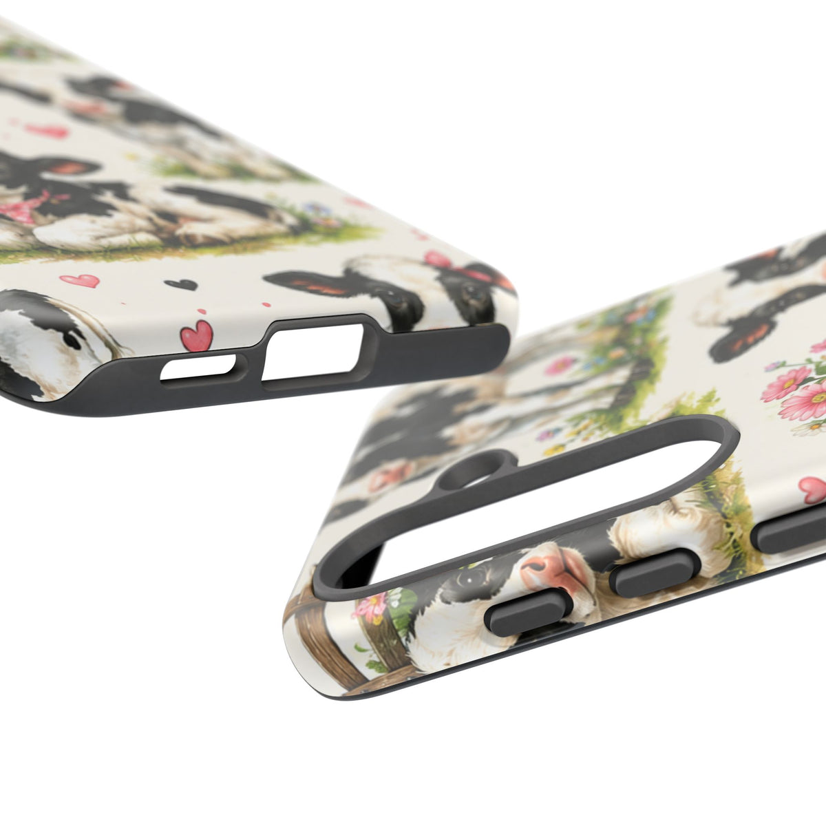 Cute Calf Pattern Phone Case – Pastel Cow Hearts & Flowers Protective Cover