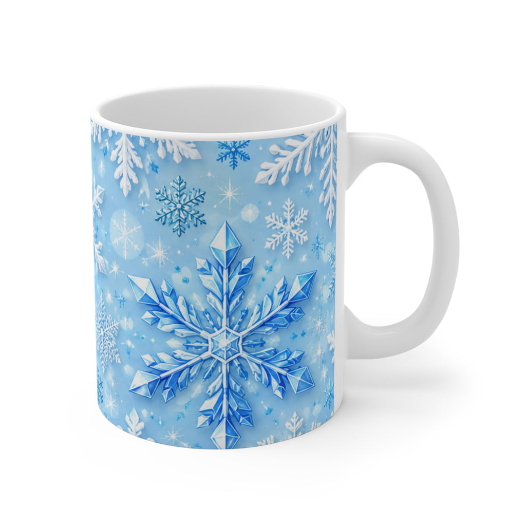 Snowflake Pattern 11oz Ceramic Mug — Winter Blue Holiday Coffee Cup