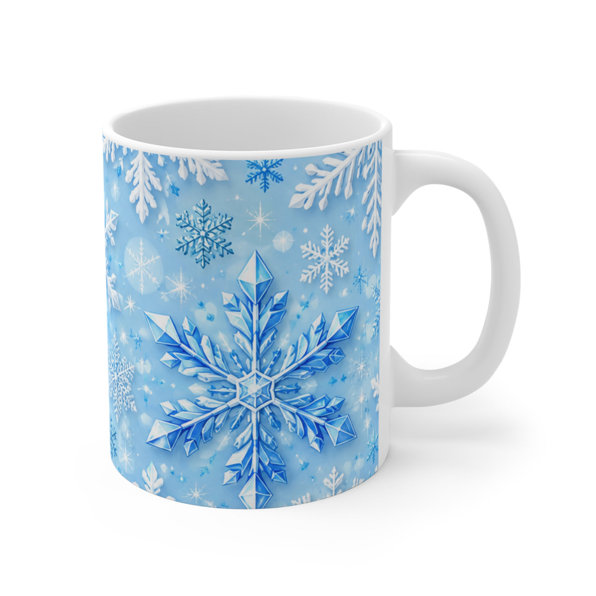 Snowflake Pattern 11oz Ceramic Mug — Winter Blue Holiday Coffee Cup