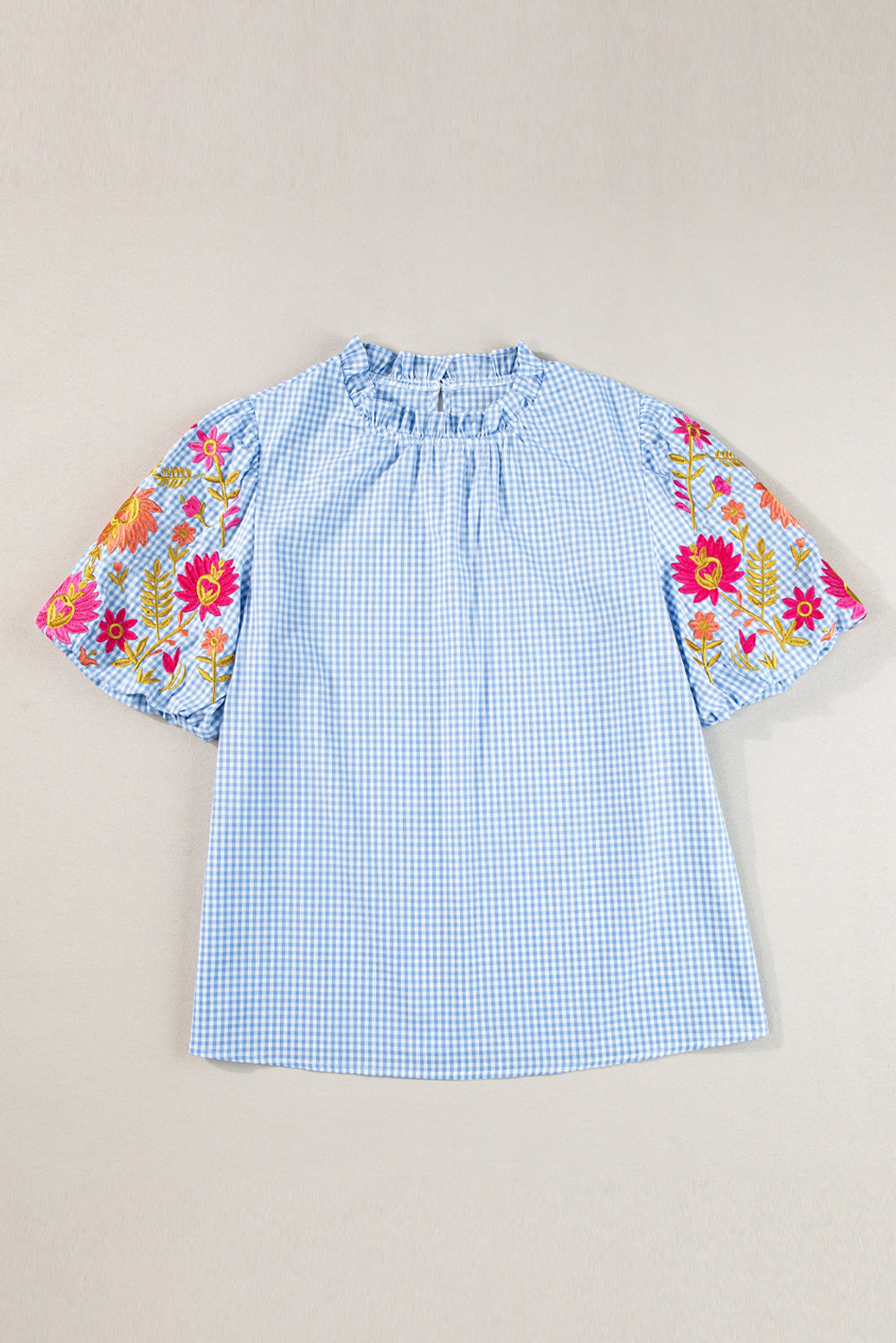 Gingham Floral Embroidered Puff Sleeve Blouse