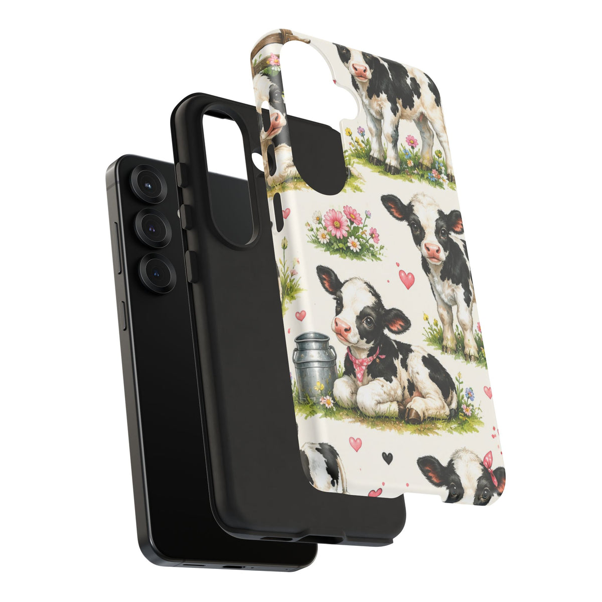 Cute Calf Pattern Phone Case – Pastel Cow Hearts & Flowers Protective Cover