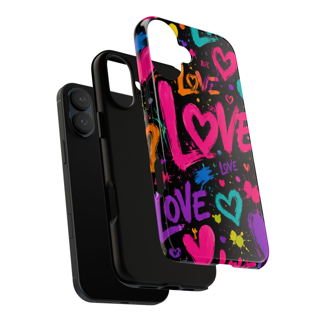 Phone Case — Neon Graffiti "Love" Hearts Protective Tough Case
