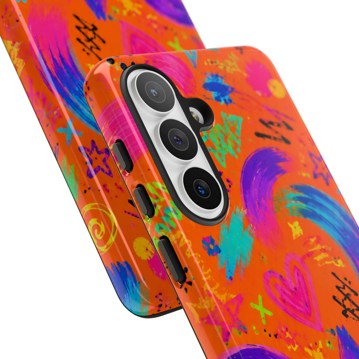 Colorful Neon Doodle Phone Case — Bright Abstract Stars & Hearts Tough Case