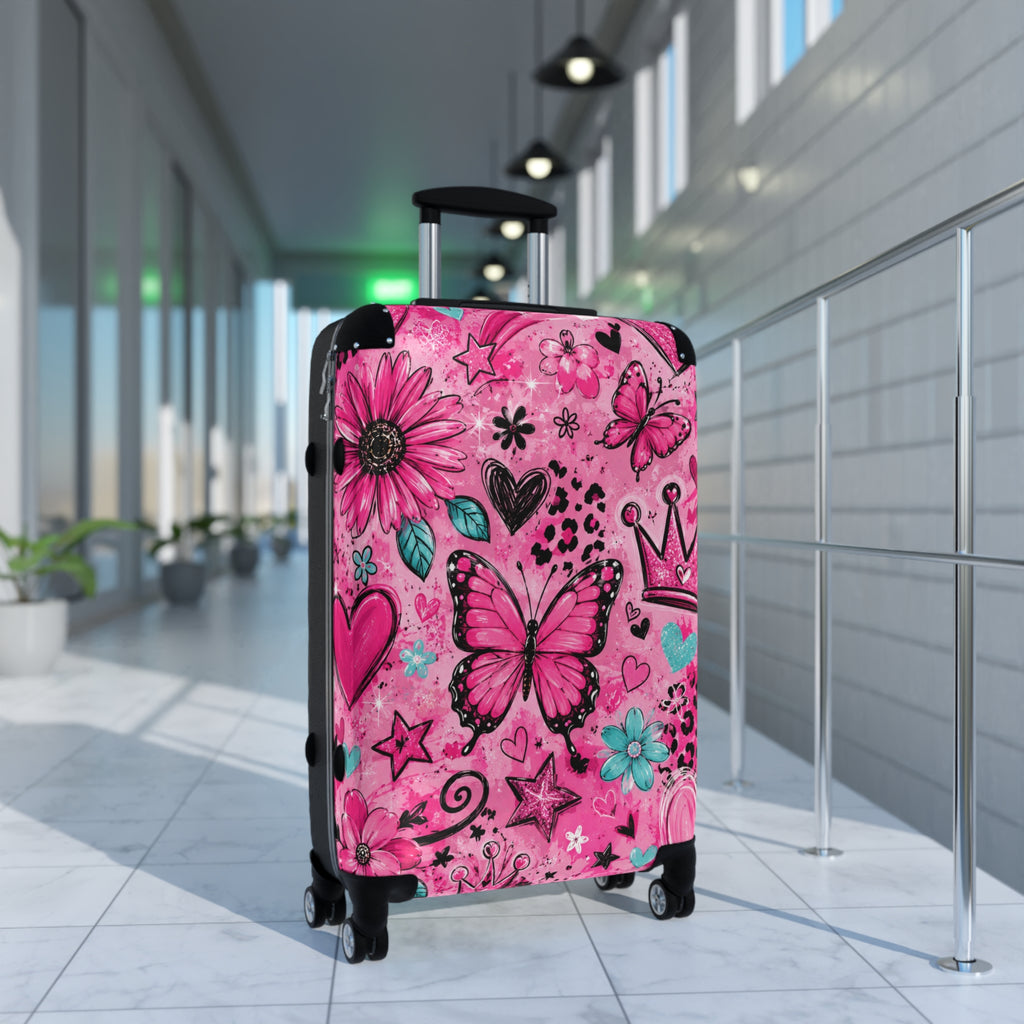 Pink Butterfly Suitcase – Kids’ Rolling Carry-On with Floral & Crown Design