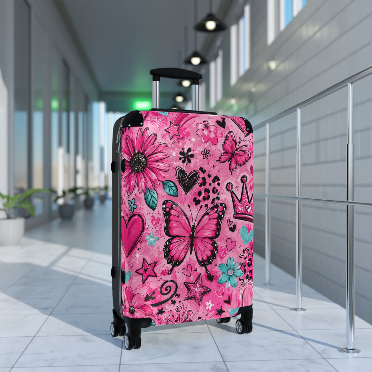 Pink Butterfly Suitcase – Kids’ Rolling Carry-On with Floral & Crown Design