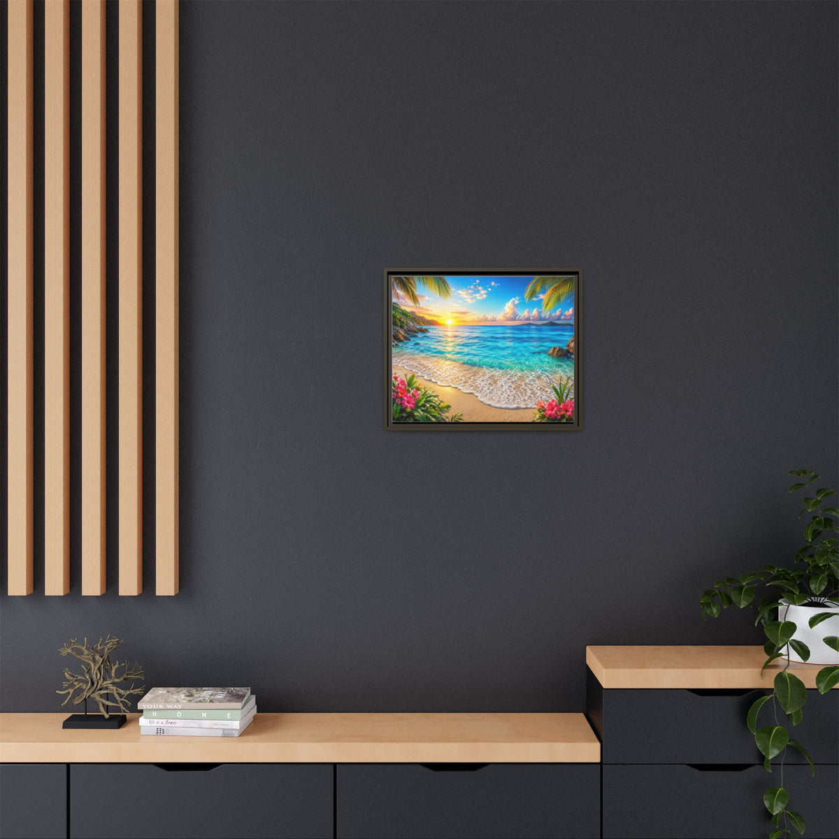 Framed Beach Sunset Matte Canvas Wall Art — Tropical Ocean Sunrise Decor