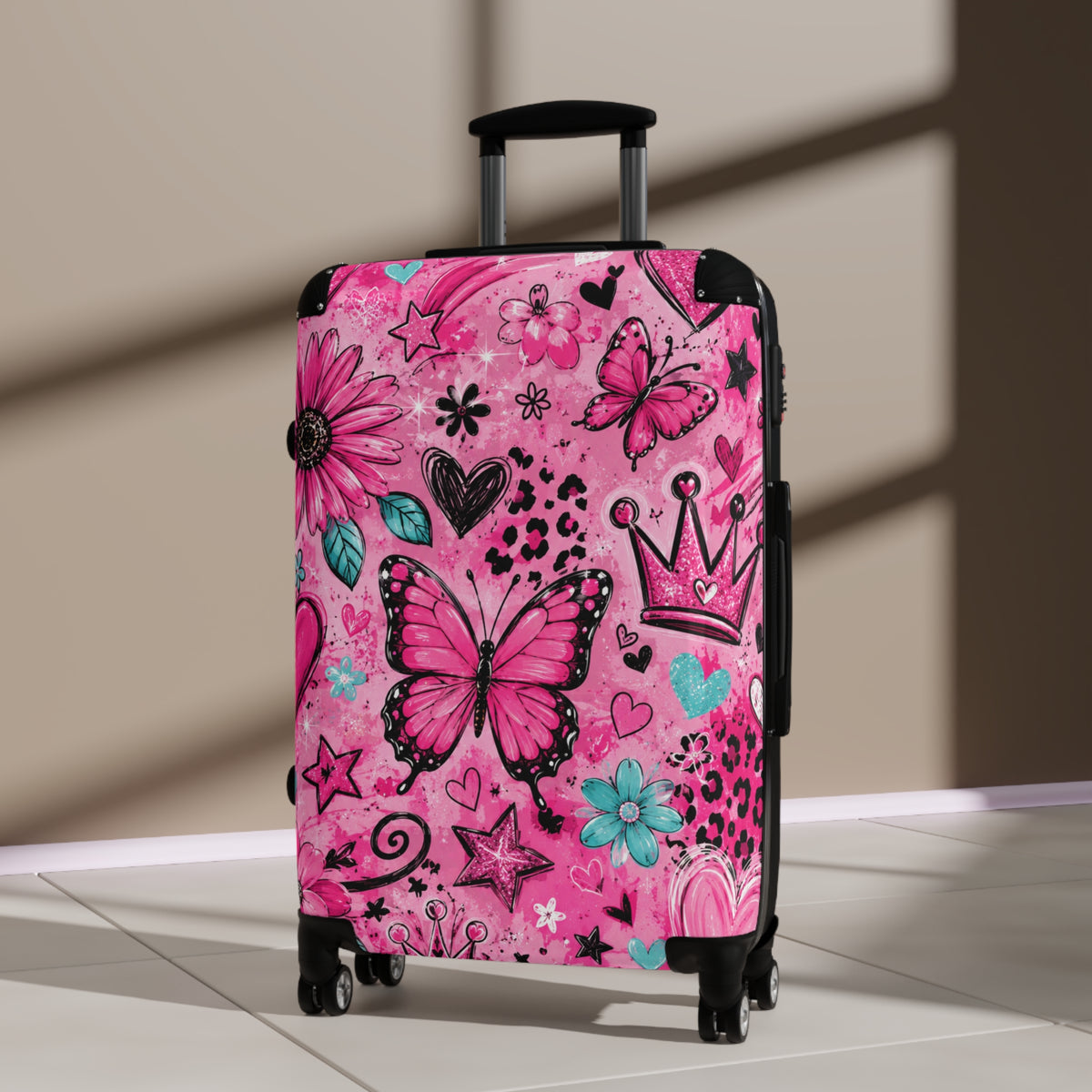 Pink Butterfly Suitcase – Kids’ Rolling Carry-On with Floral & Crown Design