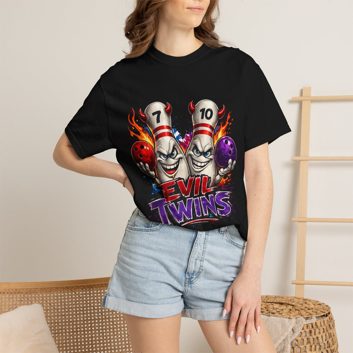 Evil Twins Bowling Pins T-Shirt | Flaming Bowling Ball Graphic