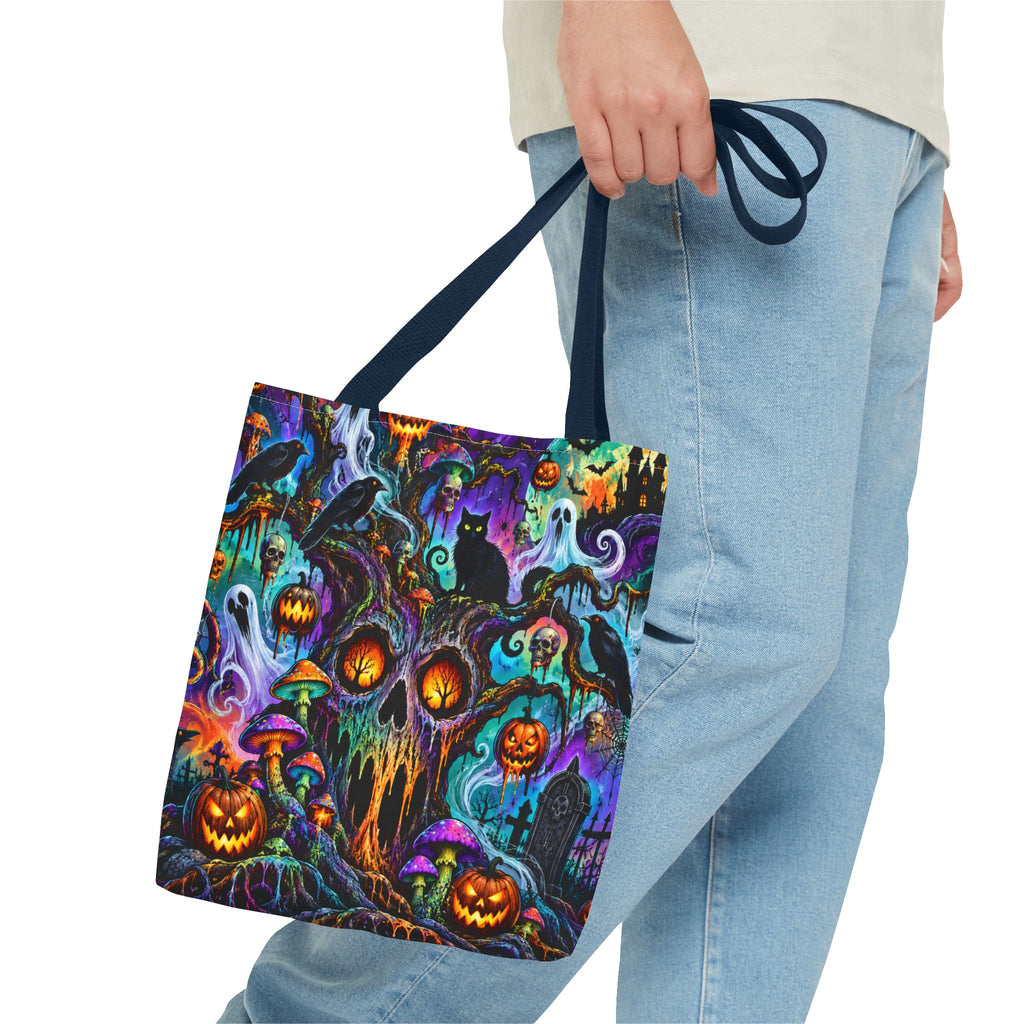 Halloween Haunted Pumpkin Tote Bag — Spooky Cat & Ghosts All-Over Print