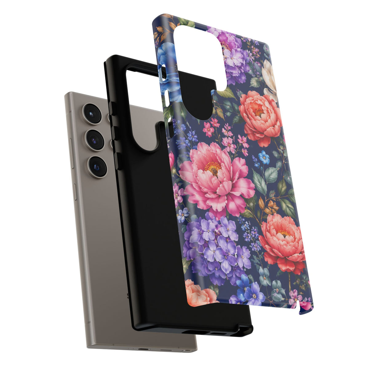 Floral Tough Phone Case – Vibrant Garden Flowers on Navy