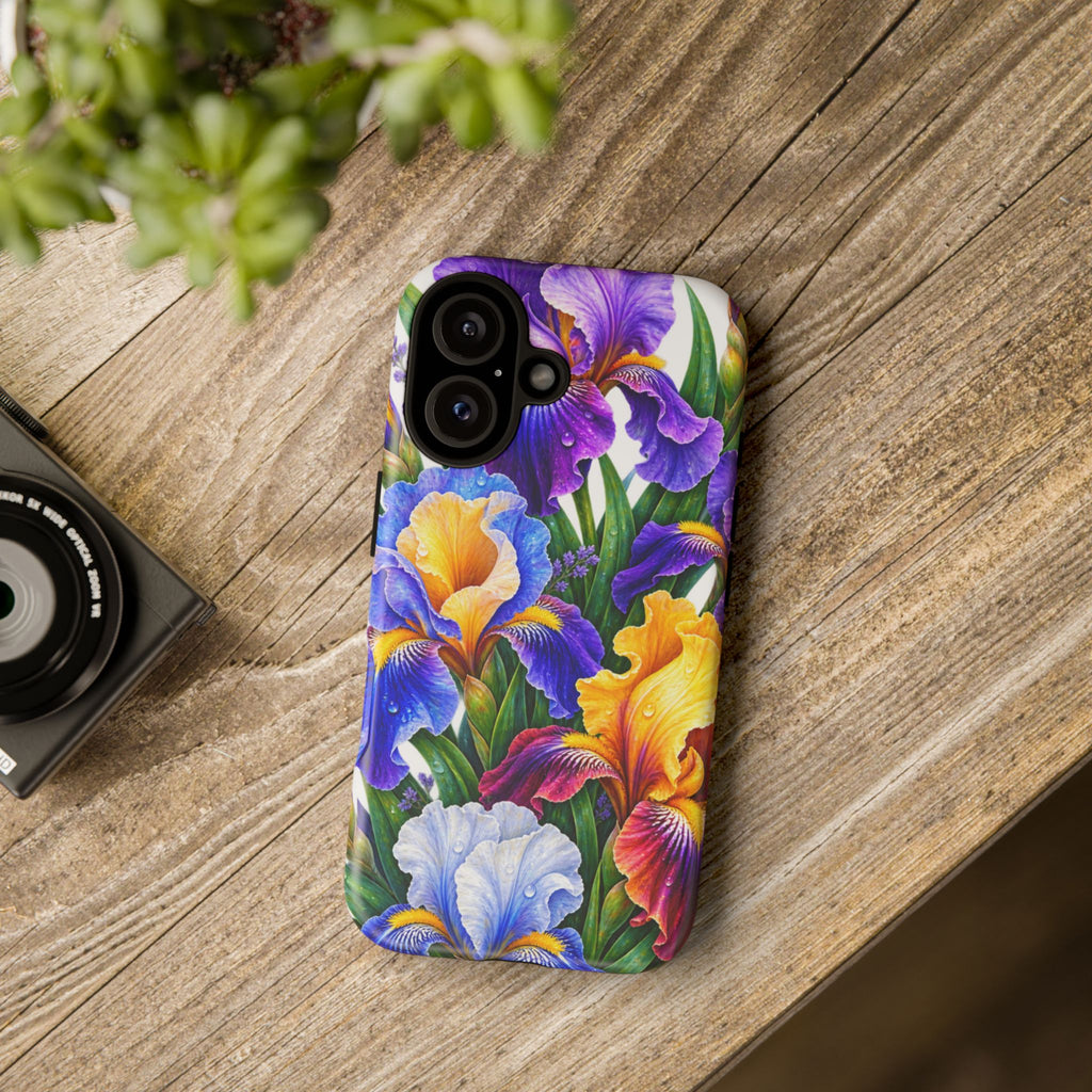 Floral Iris Tough Phone Case — Colorful Watercolor Iris Protective Cover