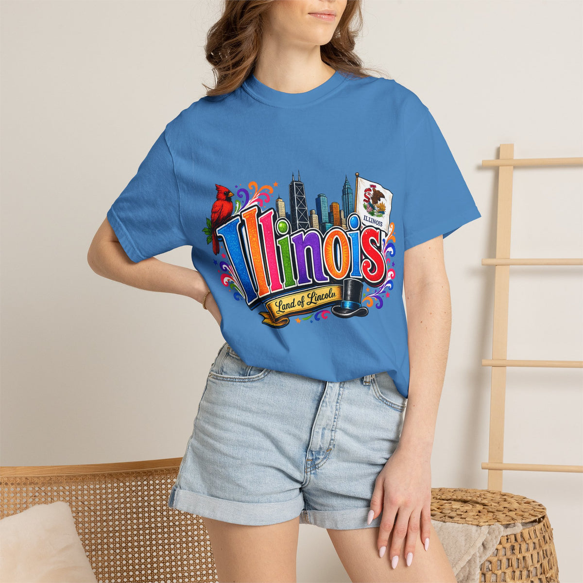 Illinois state skyline tee | Illinois T-shirt with cardinal and state flag