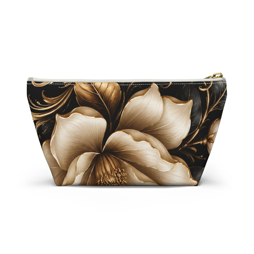Floral Tapestry Accessory Pouch — Gold & Black Magnolia Makeup Bag