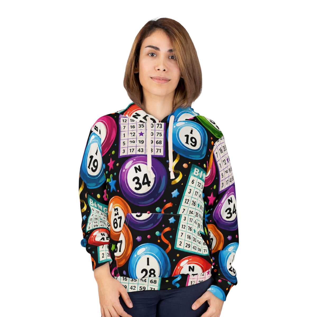 Bingo Night All-Over Print Hoodie — Colorful Bingo Balls & Cards