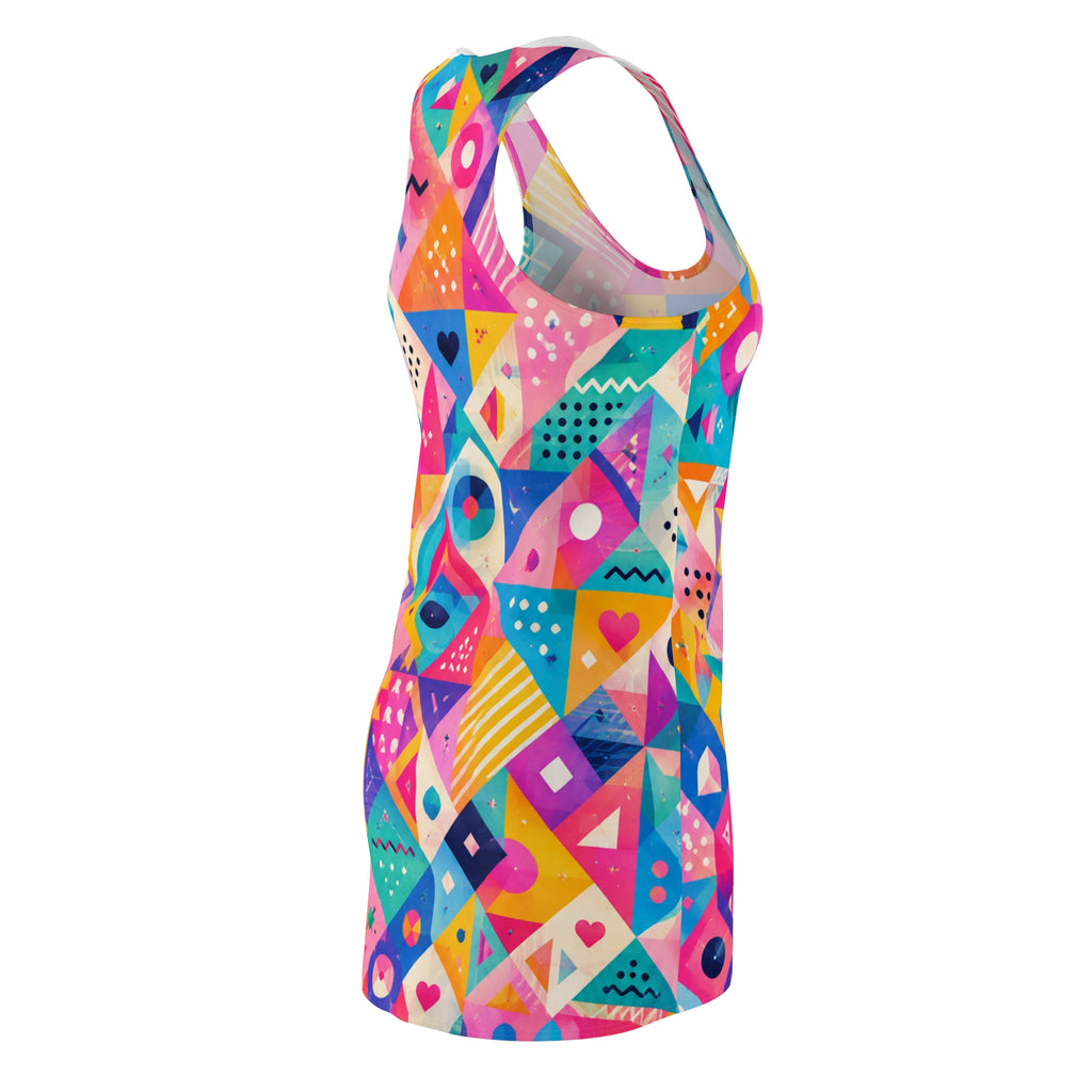 Geometric Neon Mosaic Racerback Dress — Colorful Abstract All-Over Print