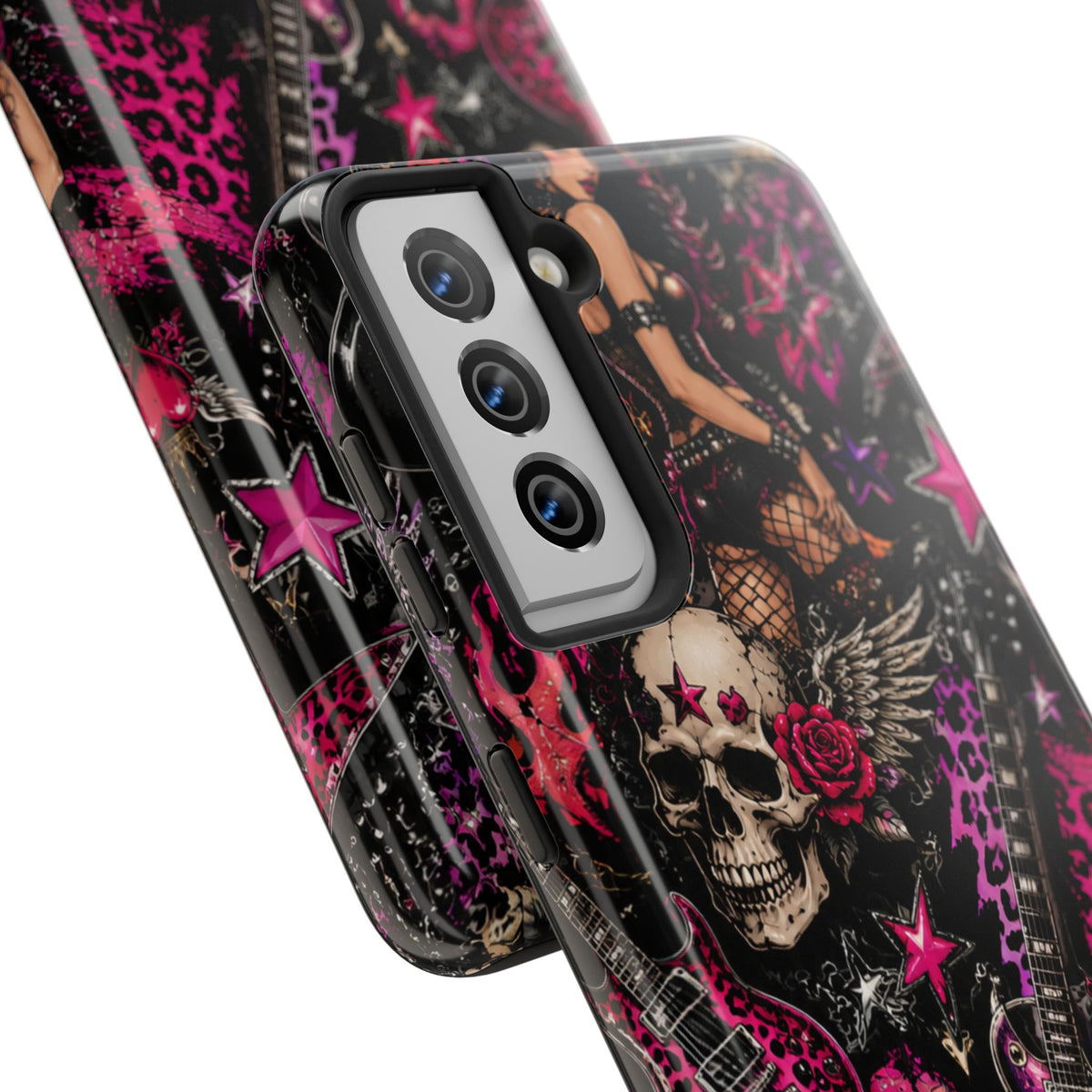 Rock Skull Guitar Phone Case — Edgy Pink Skull & Roses Tough Phone Case
