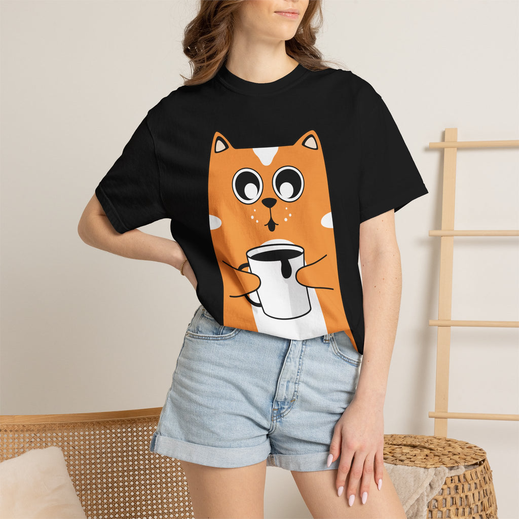 Coffee Cat T-Shirt — Cute Cat Holding Coffee Mug, “My morning doesn’t start until the coffee clocks in” Tee