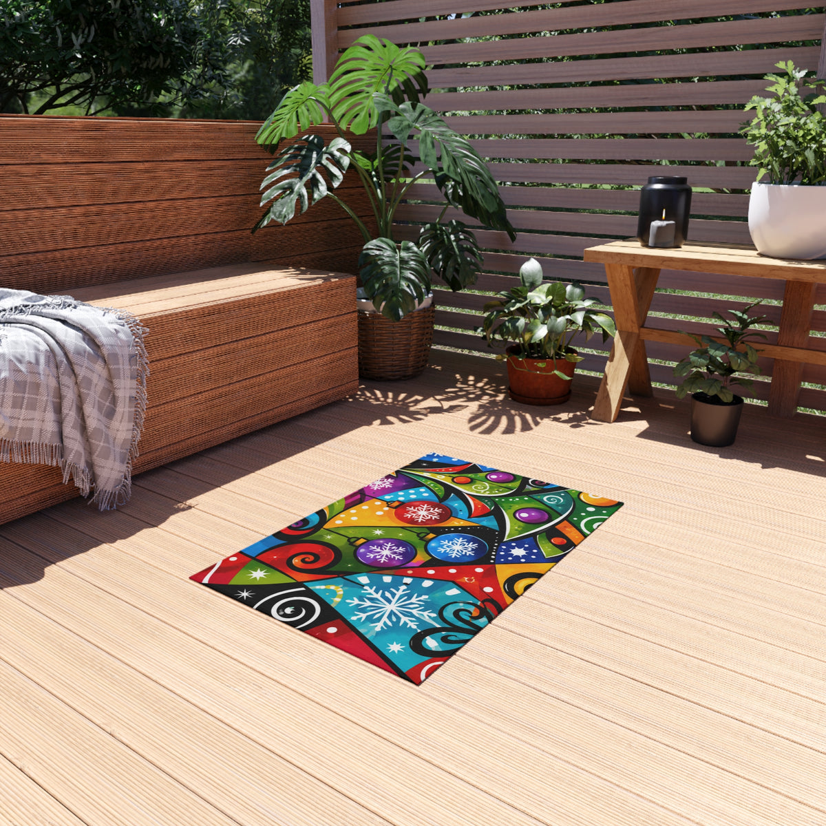 Festive Christmas Outdoor Rug — Colorful Holiday Tree & Ornaments Doormat