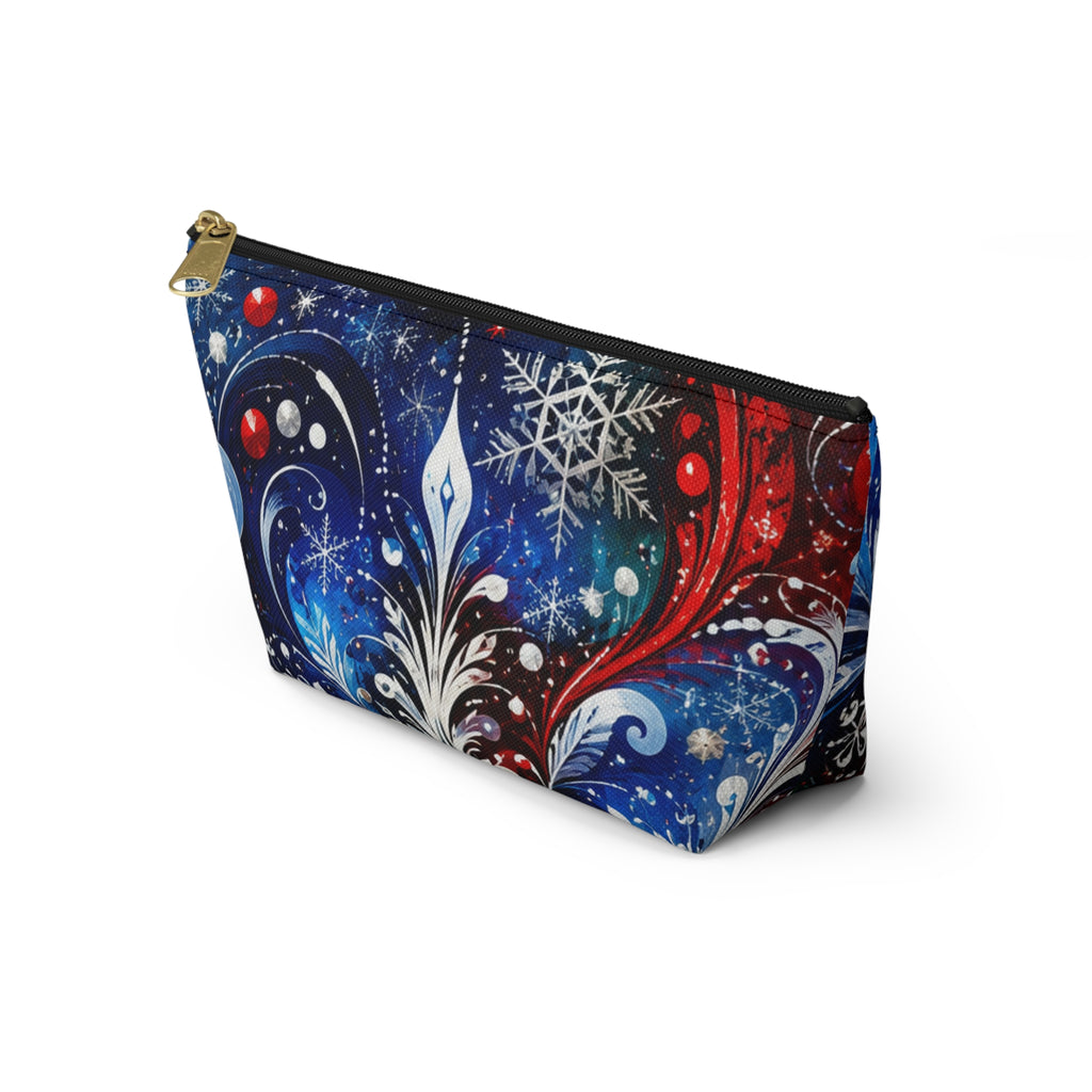 Winter Floral Accessory Pouch — Snowflake Cosmetic Bag with T-Bottom