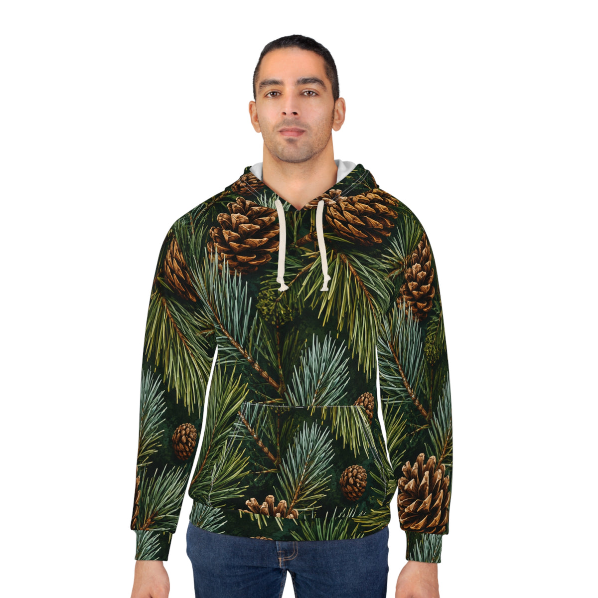 Pinecone Pine Needle All-Over Print Hoodie — Cozy Woodland Winter Pullover