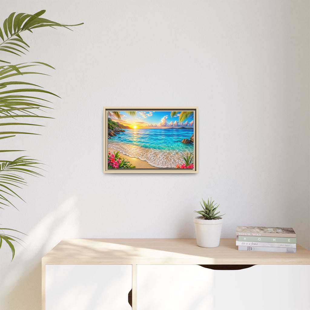 Framed Beach Sunset Matte Canvas Wall Art — Tropical Ocean Sunrise Decor