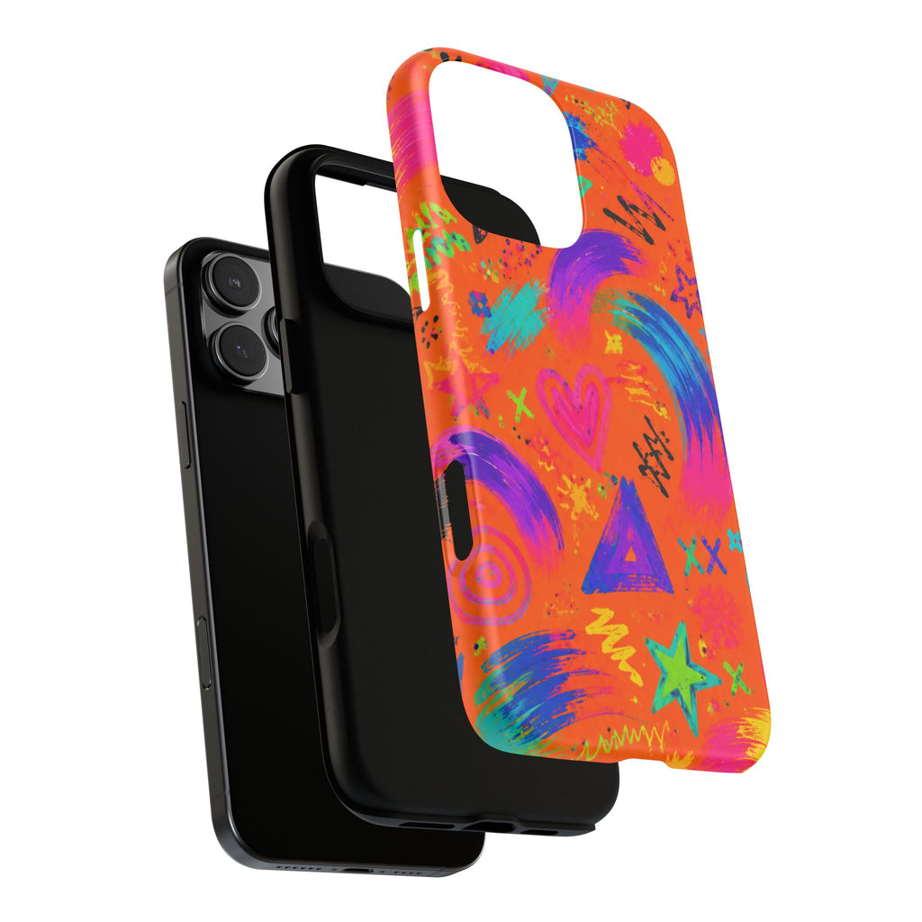 Colorful Neon Doodle Phone Case — Bright Abstract Stars & Hearts Tough Case