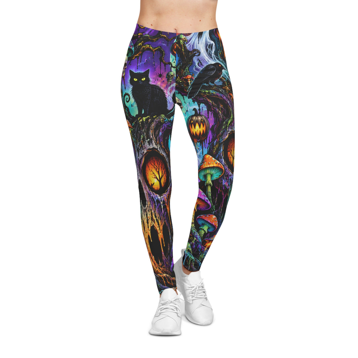 Halloween Gothic Leggings — Spooky Cat, Raven & Pumpkin All-Over Print