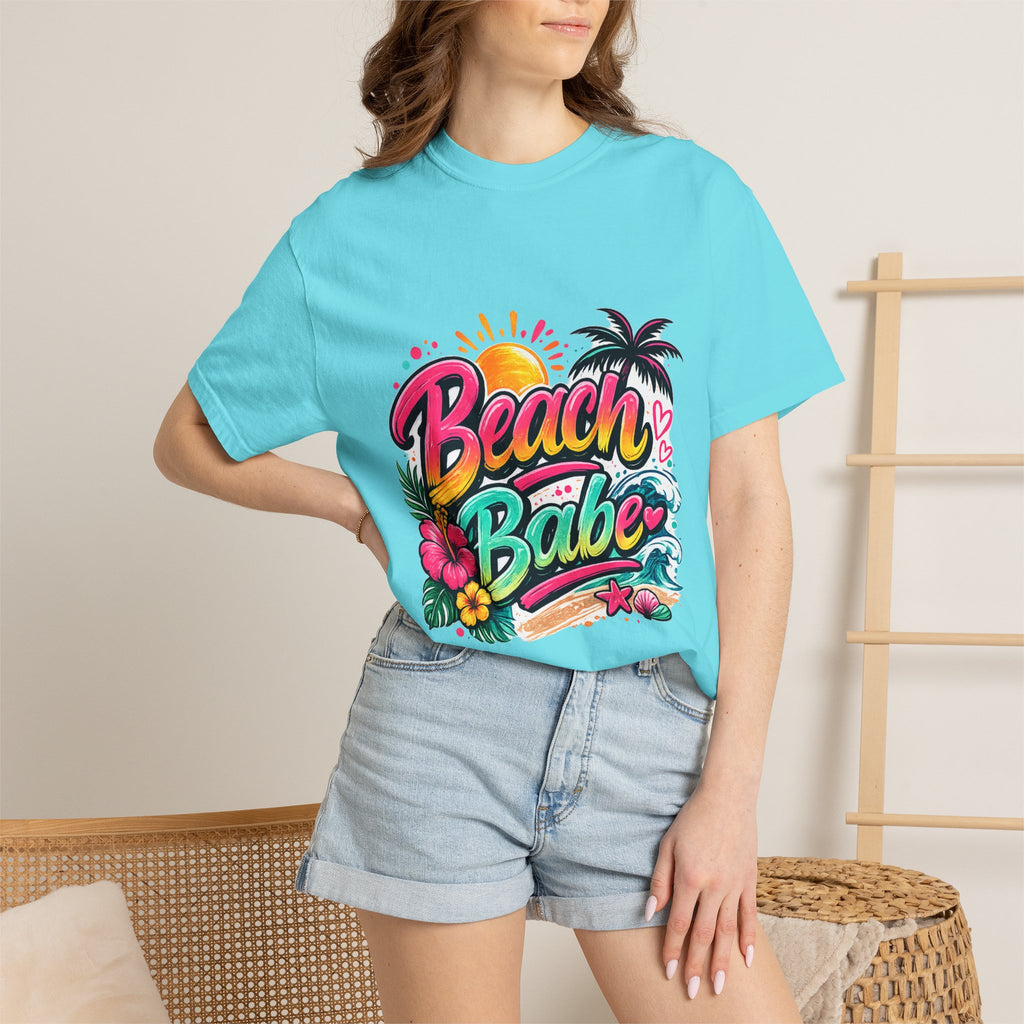 Beach Babe T-shirt | Tropical Palm Hibiscus Sunset Design
