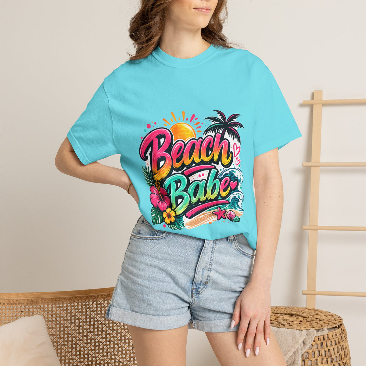 Beach Babe T-shirt | Tropical Palm Hibiscus Sunset Design