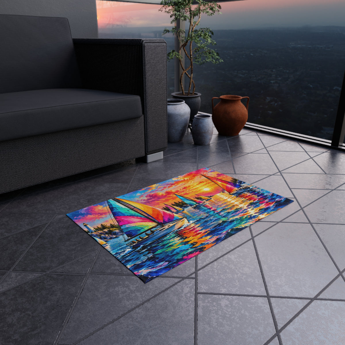 Sailboat Sunset Outdoor Rug — Colorful Nautical Patio Mat