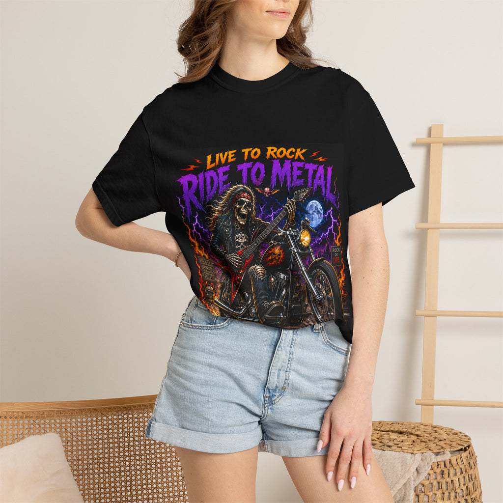 Ride to Metal Skull Biker design T-shirt | Live to Rock motorcycle