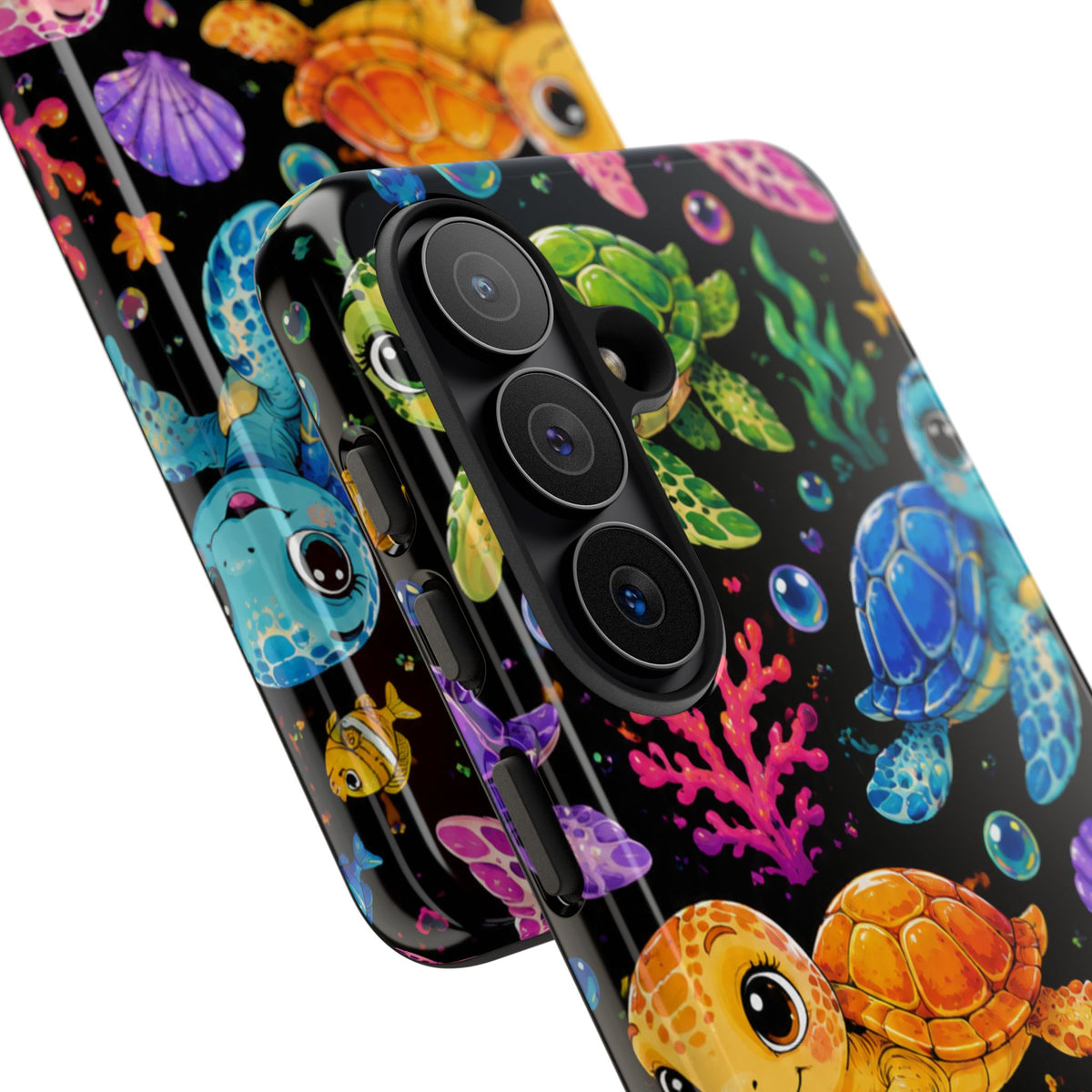 Phone Case — Colorful Cute Sea Turtles on Black (Protective Smartphone Cover)
