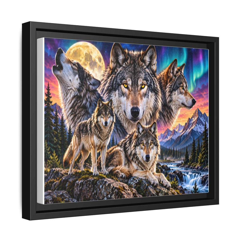 Framed Wolf Pack Matte Canvas Wall Art — Northern Lights Wilderness Scene