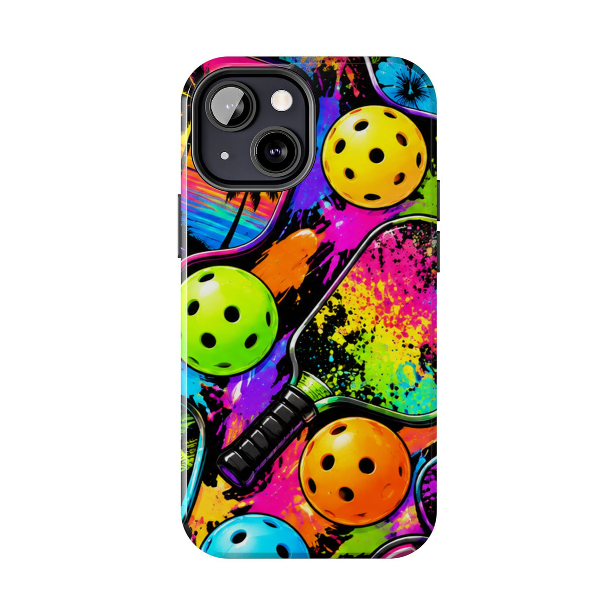 Pickleball Splash Tough Phone Case — Neon Paddle & Ball Protective Cover