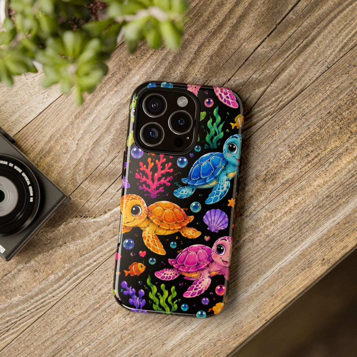 Phone Case — Colorful Cute Sea Turtles on Black (Protective Smartphone Cover)