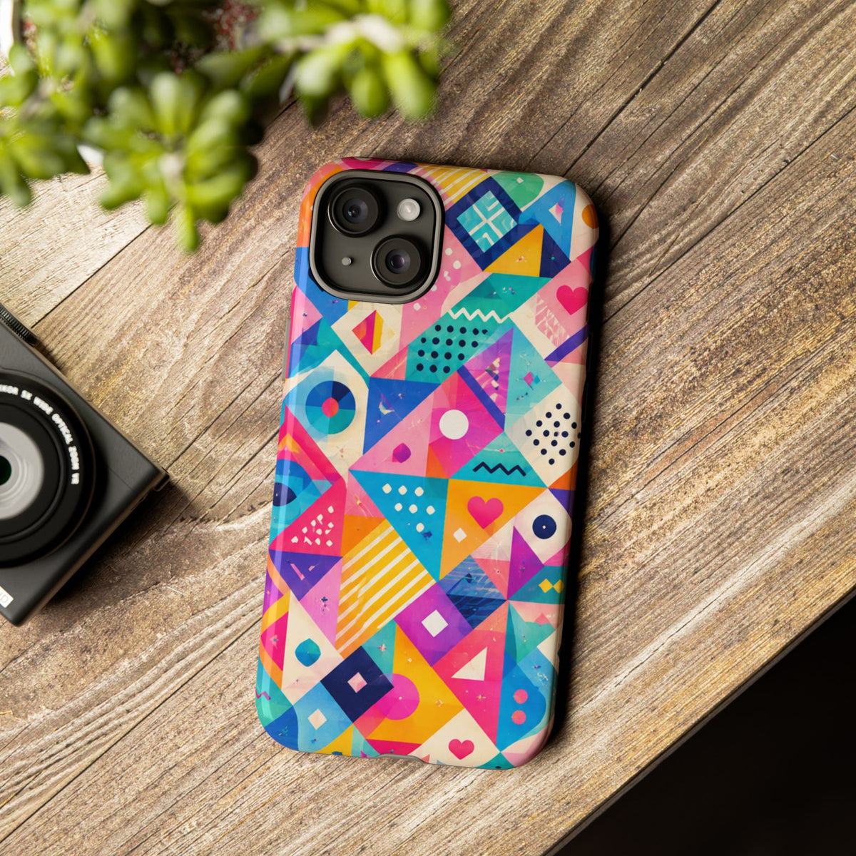 Colorful Geometric Tough Phone Case — Bright Abstract Heart & Triangle Pattern
