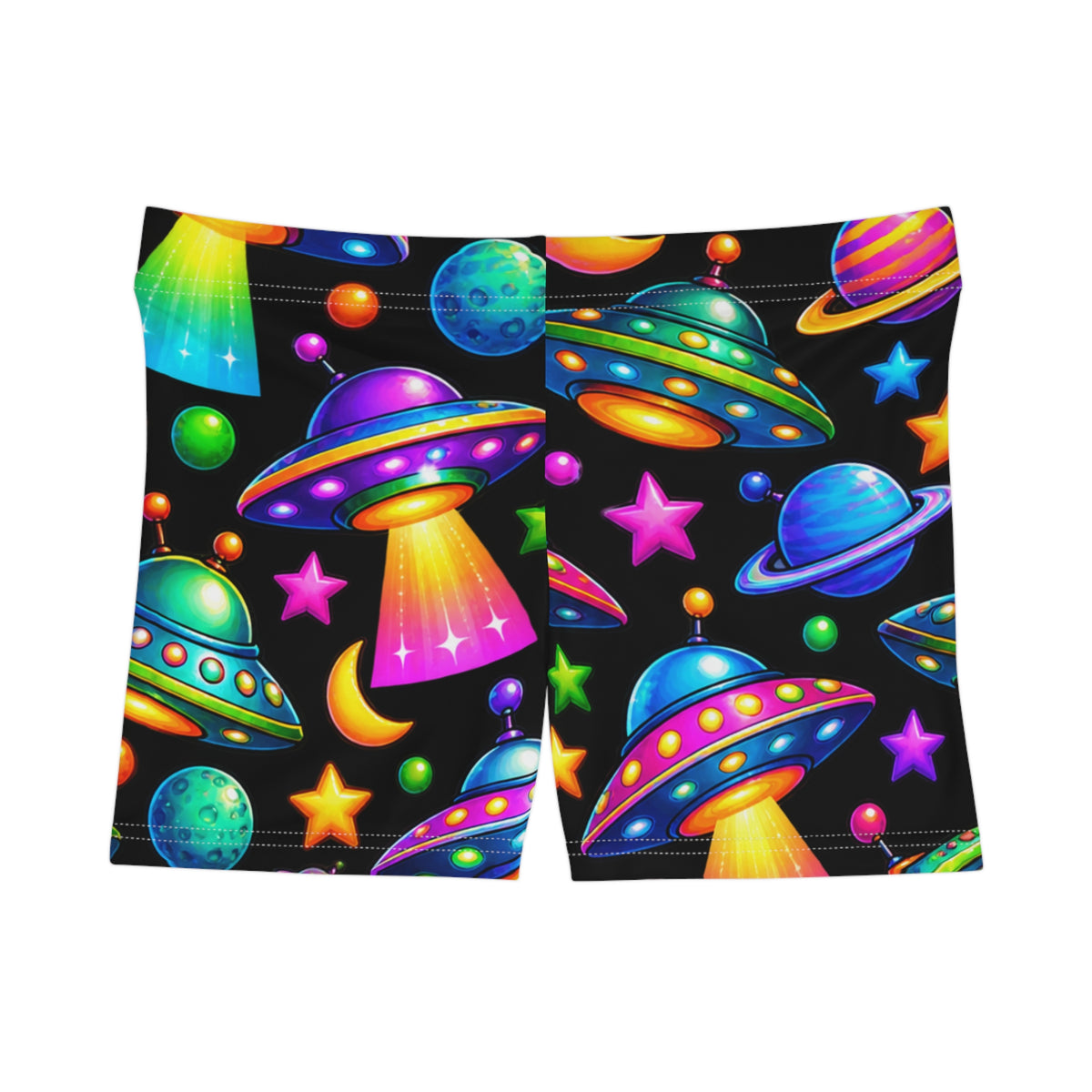 Neon UFO Galaxy Women's Shorts — Colorful Space Alien Print AOP