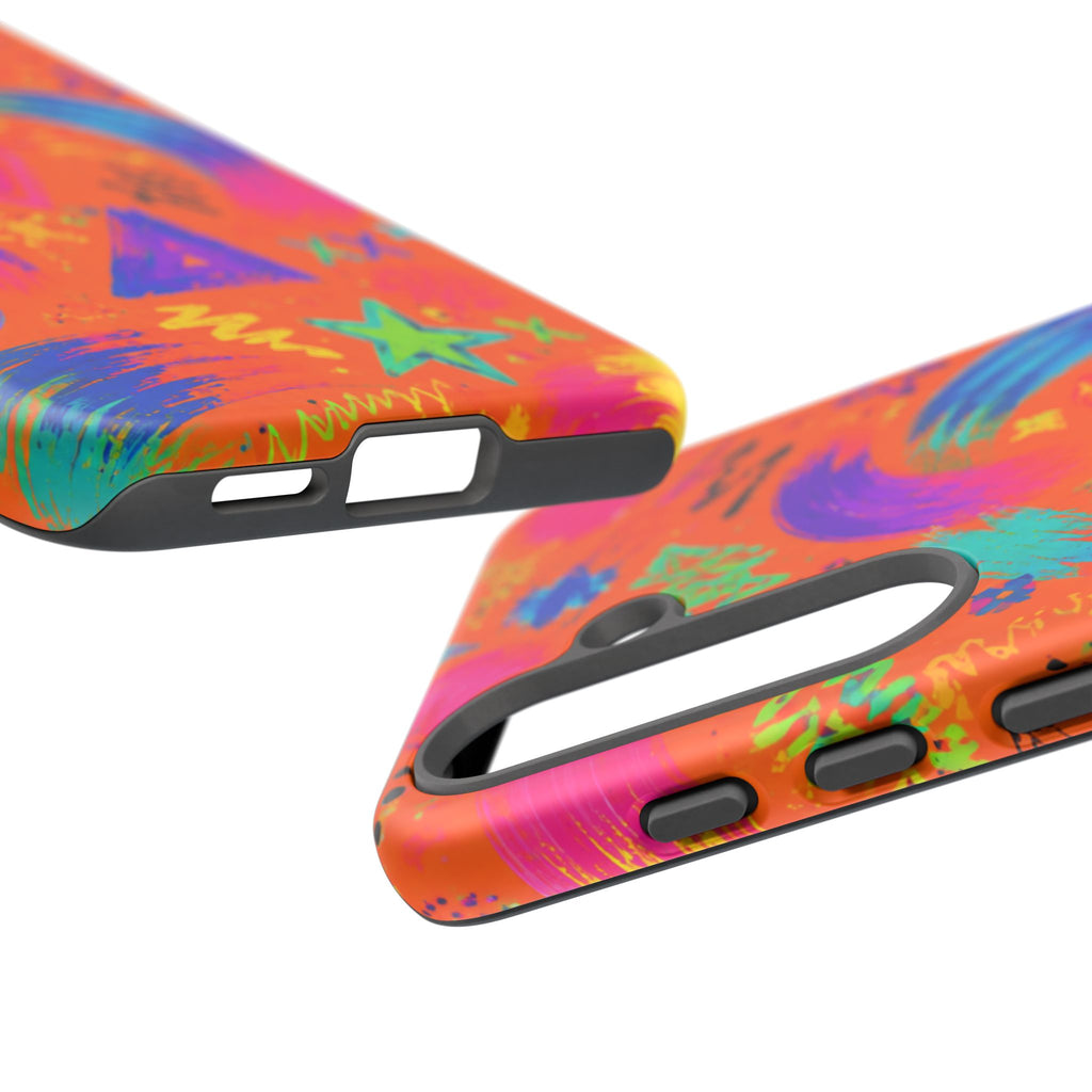 Colorful Neon Doodle Phone Case — Bright Abstract Stars & Hearts Tough Case