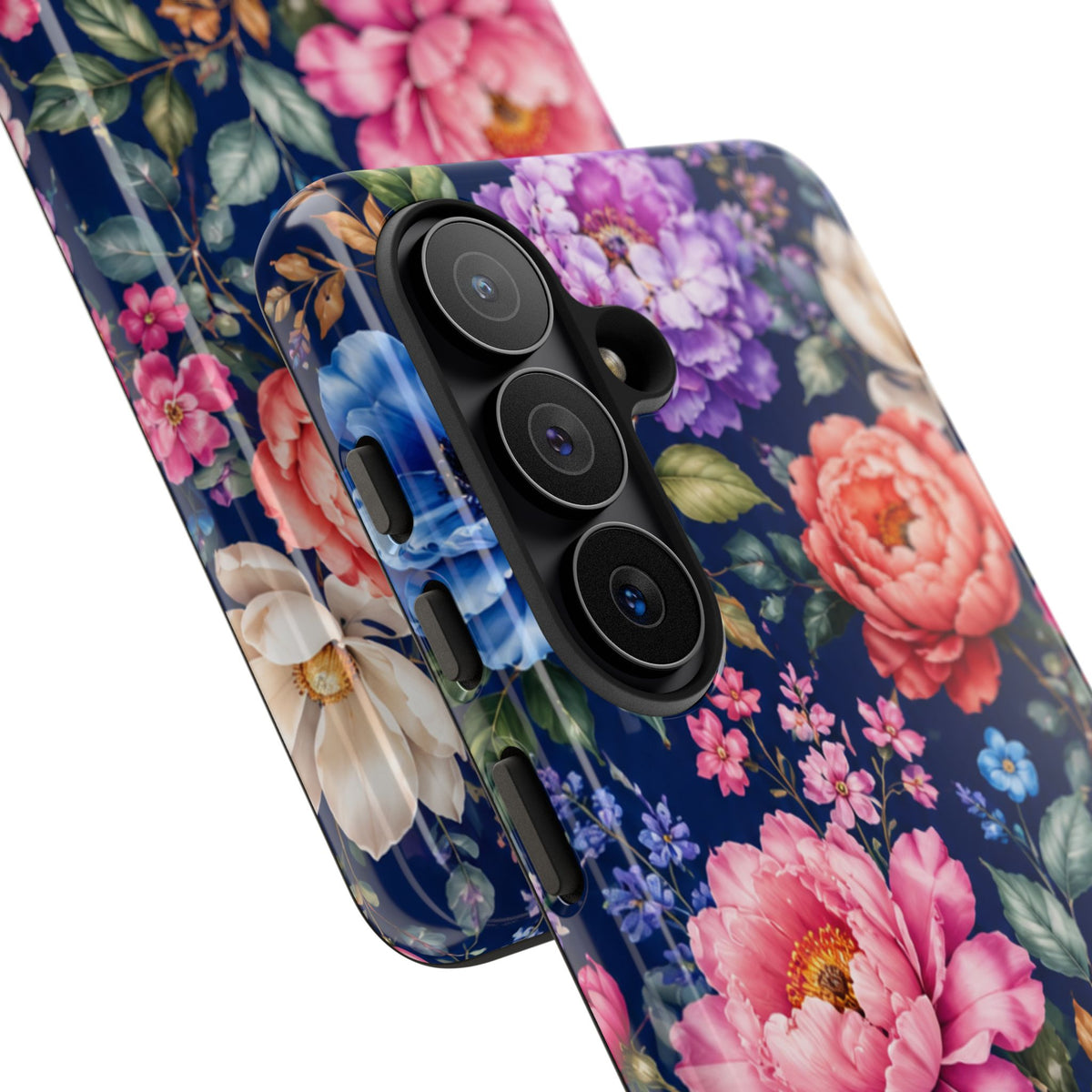 Floral Tough Phone Case – Vibrant Garden Flowers on Navy