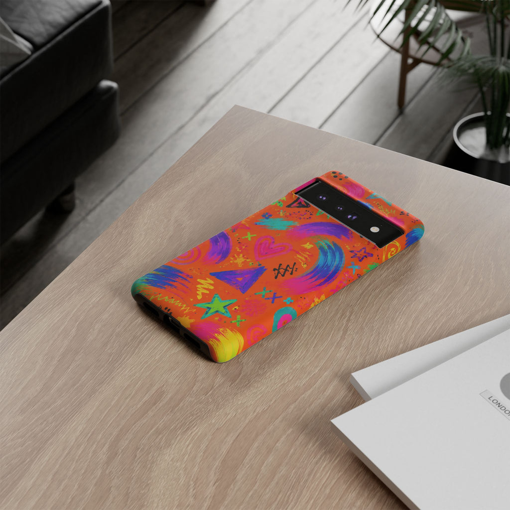 Colorful Neon Doodle Phone Case — Bright Abstract Stars & Hearts Tough Case