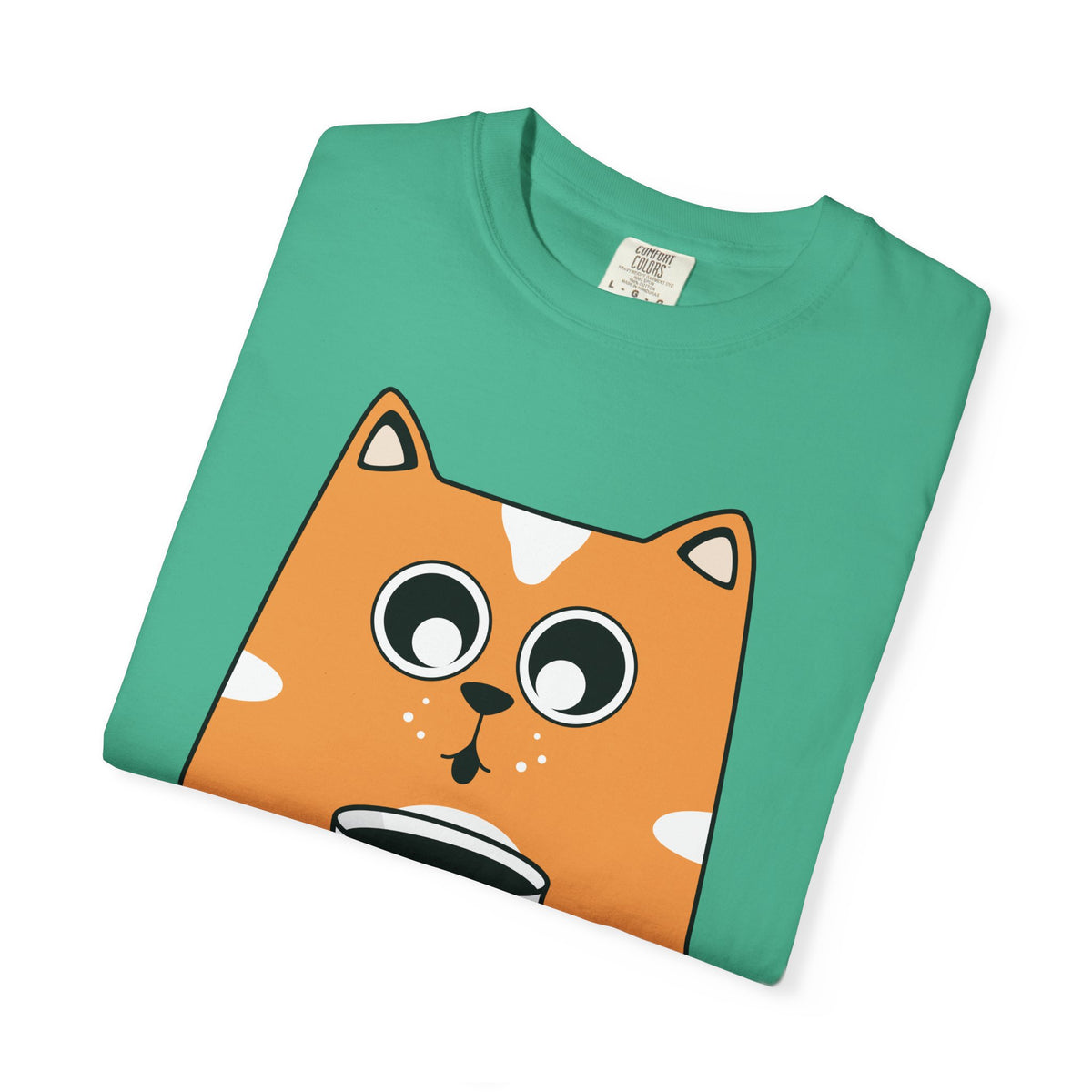 Coffee Cat T-Shirt — Cute Cat Holding Coffee Mug, “My morning doesn’t start until the coffee clocks in” Tee