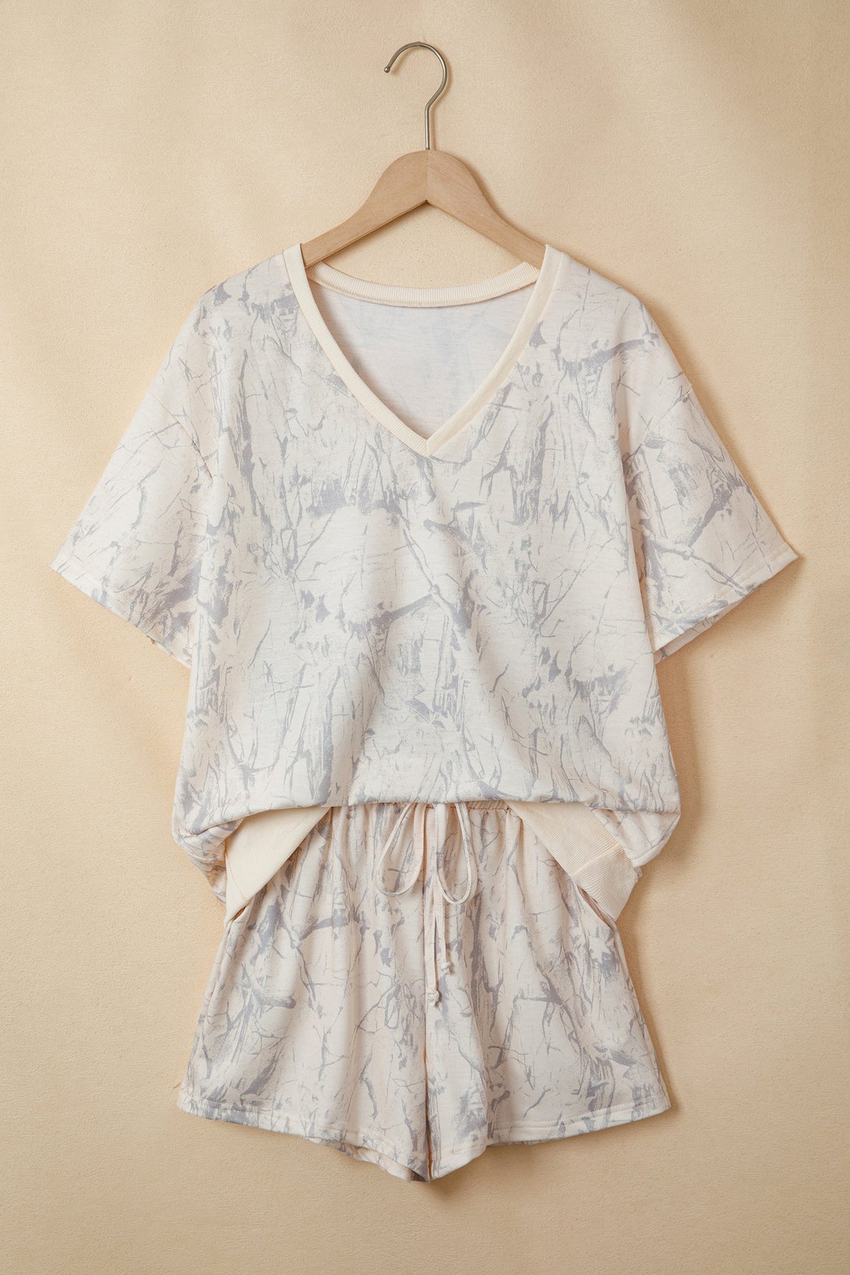 Camo V-Neck Loose Tee & Drawstring Shorts Set